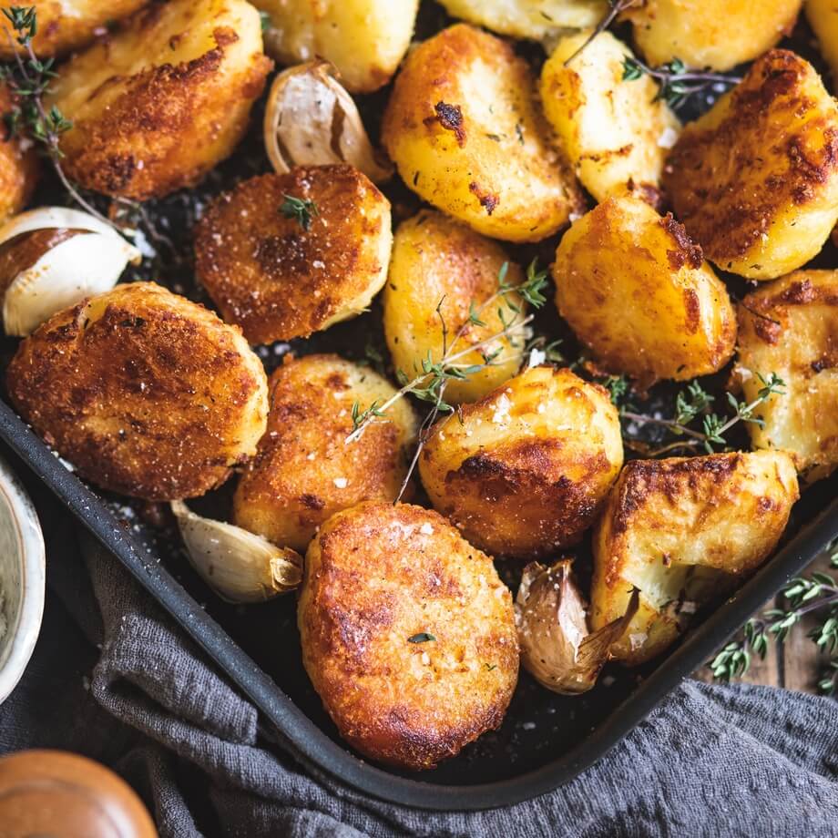 Roasted crushed ratte potatoes